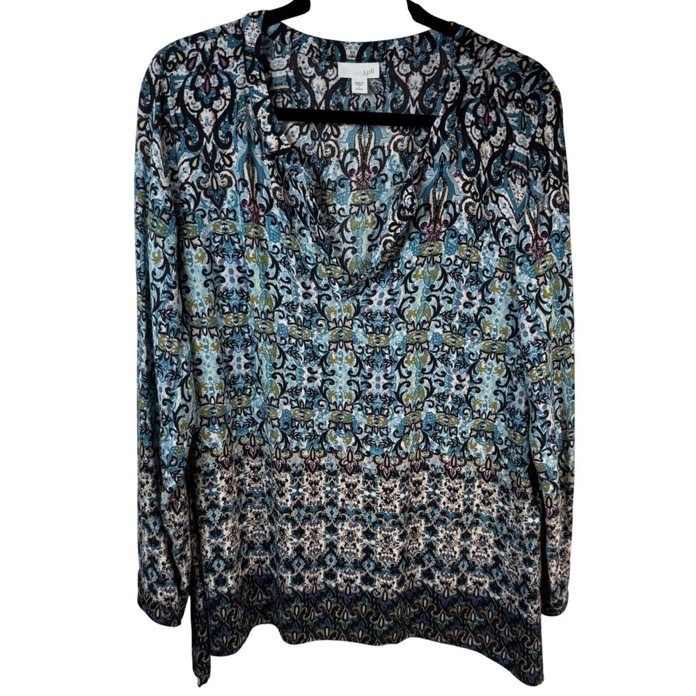 J. Jill Damask Mosaic Print Blouse LP Blue Green Rayon V-Neck Boho Peasant Top